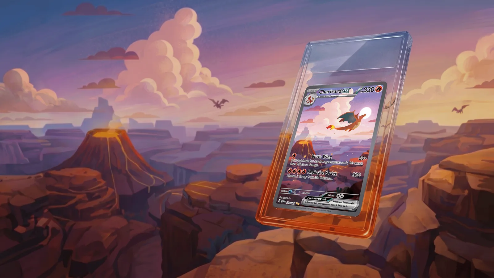 A graded Charizard slab whose illustration continues past the case into a painted canyon at dusk