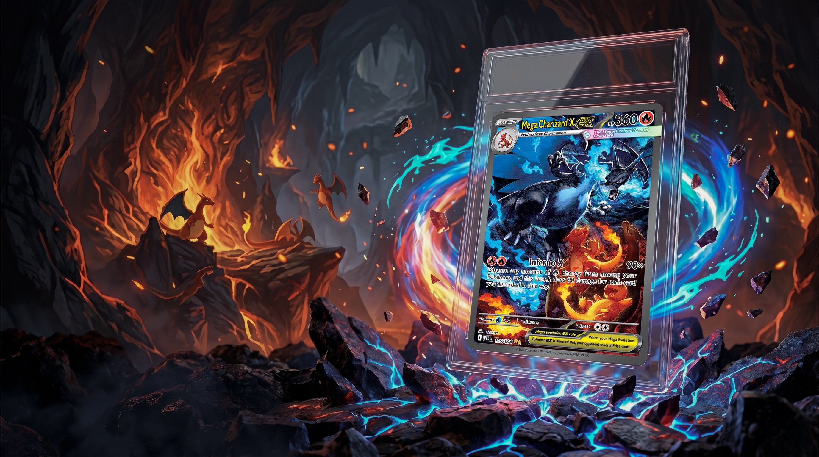 Mega Charizard X ex extended-art scene — slabbed card suspended in a fiery crystal cavern