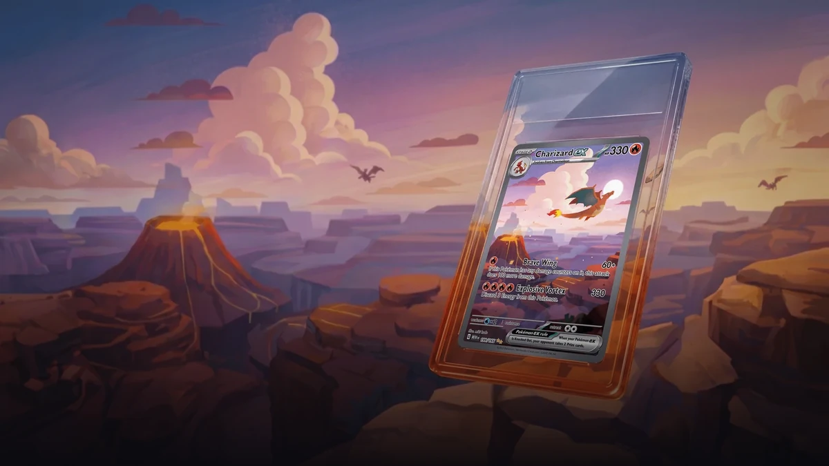 The sealed slab stays exactly as graded; the artwork is extended onto the printed backing around it.
